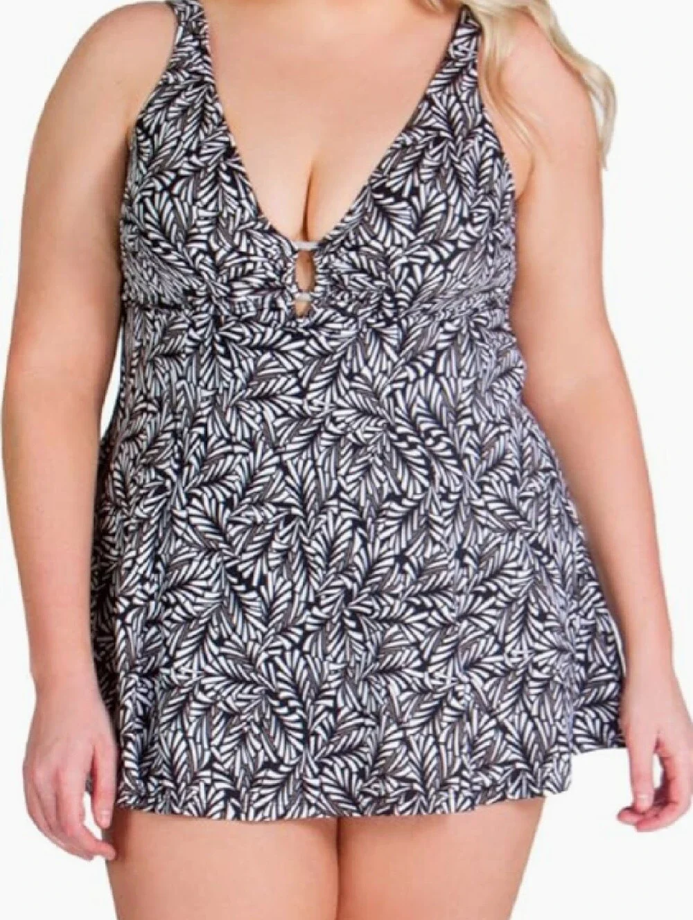 Fit 4U Black White Tropical One Piece Swimsuit Dress SZ 10 Fit 4 Ur Thighs